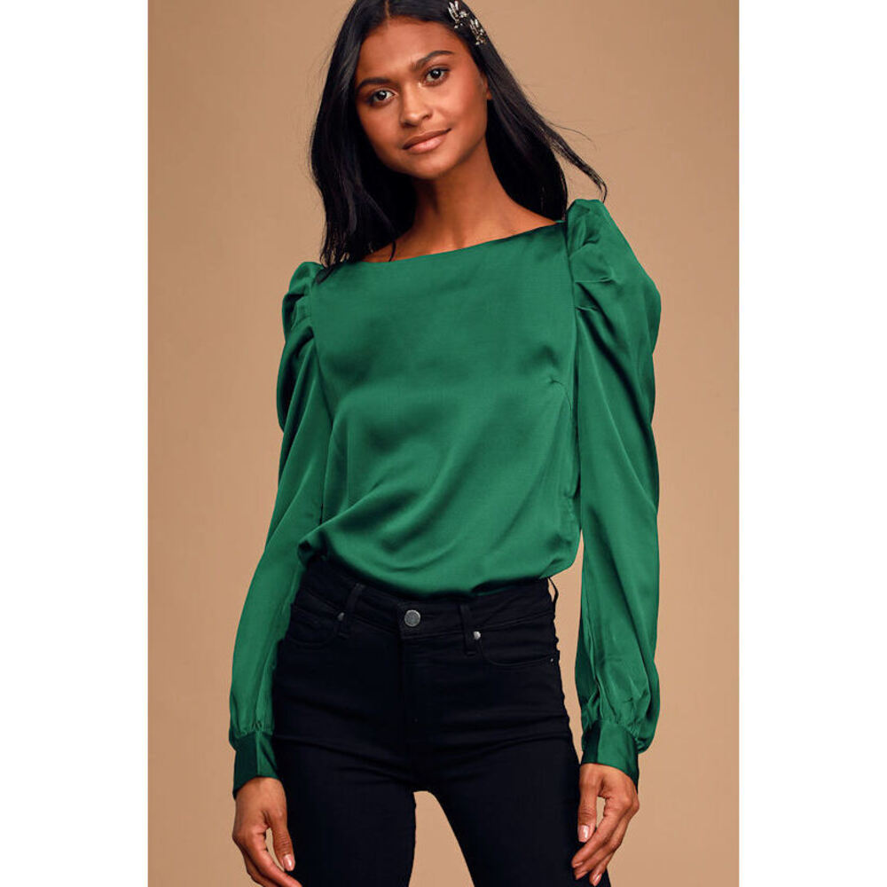 Lulus Love You Dearly Forest Green Satin Long Sleeve Top - Size M